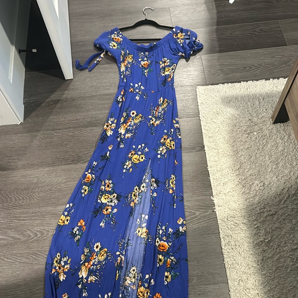 Beautiful off the shoulder with slit blue maxi dress
